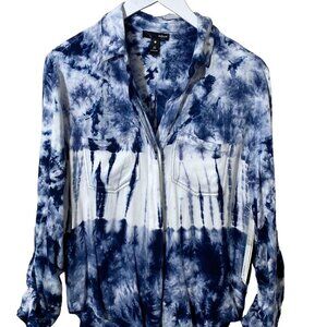 AQUA Tie Dye Shirt Small Blue Rayon Long Sleeve Button Up NWT Bloomingdales